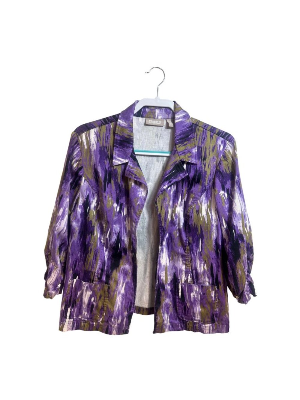 Chico's Jacket Women's 3 L Purple Abstract Brushstroke Open Front Boho Blazer